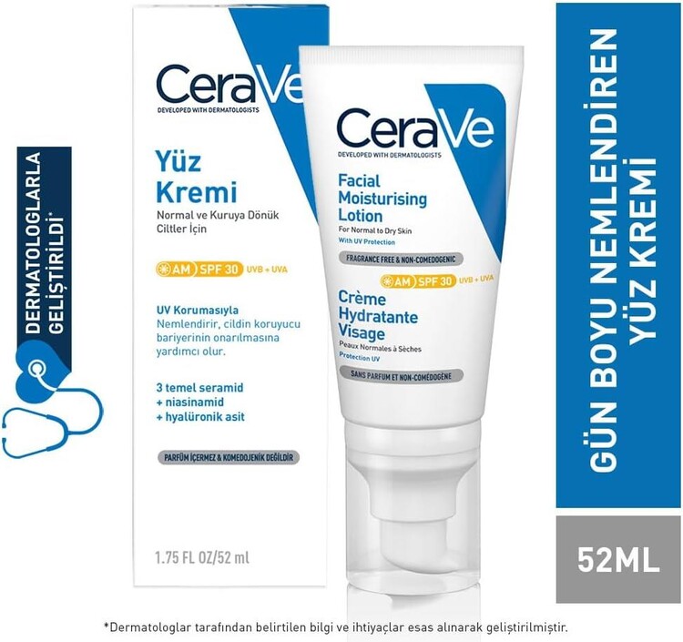 Cerave Normal Ve Kuruya Dönük Ciltler Için Spf30 Güneş Korumalı Yüz Kremi 52ml