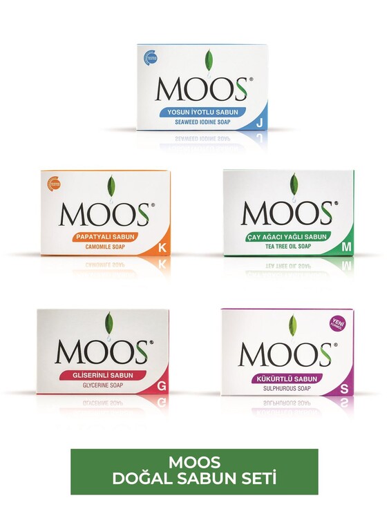 Moos - Moos 5'li Doğal Sabun Seti (İyotlu, Papatyalı, Çay Ağacı Yağlı, Gliserinli, Kükürtlü)