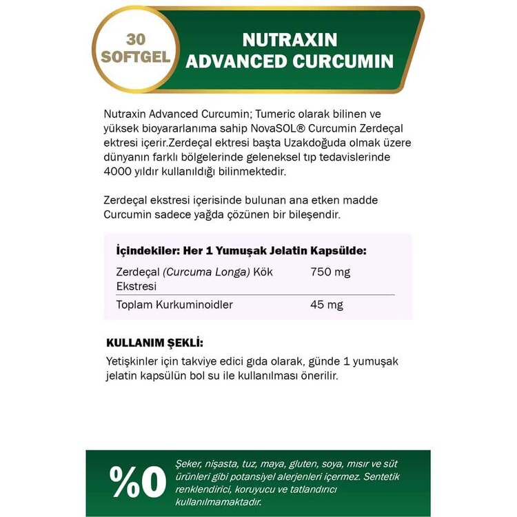 Nutraxin Advanced Curcumin 750 mg Takviye Edici Gı