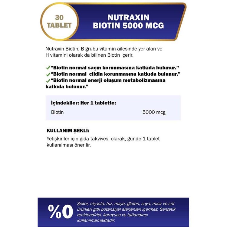 Nutraxin Biotin 5000 mcg Takviye Edici Gıda 30 Tab