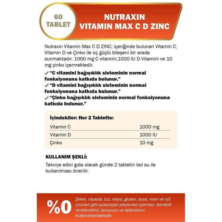 Nutraxin Vitamin Max C.D Çinko 60 Tablet