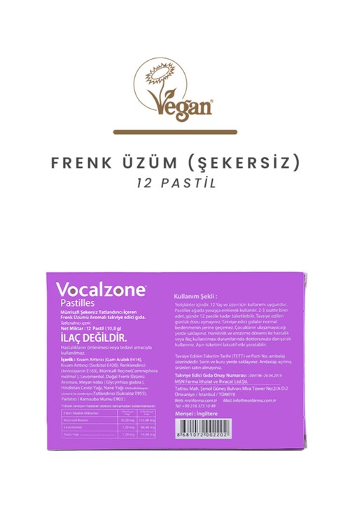 Vocalzone Frenk Üzüm (Şekersiz) 12 Pastil