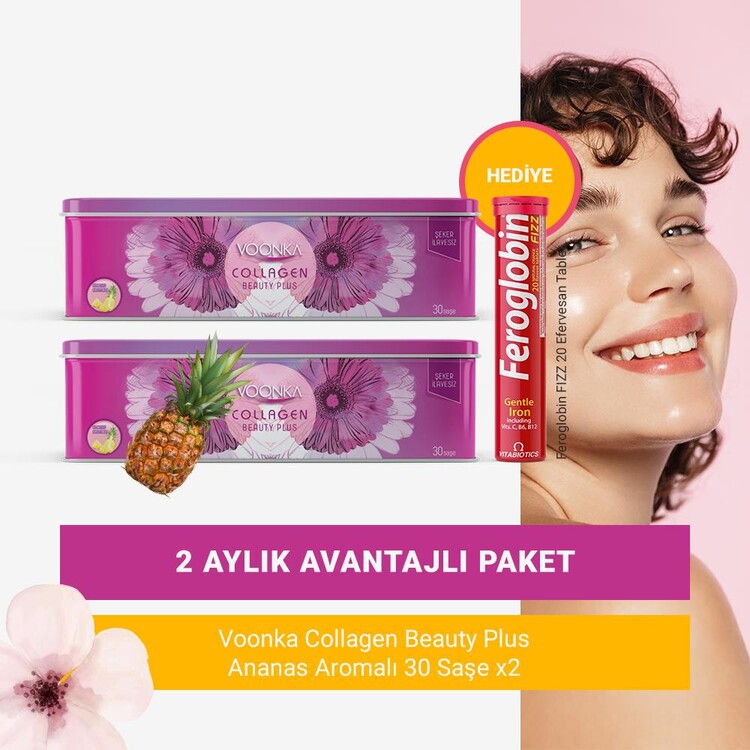 Voonka - Voonka Ananas Aromalı Kolajen 30 Saşe x2 (2 Aylık Paket) + Efervesan Tablet Hediyeli!